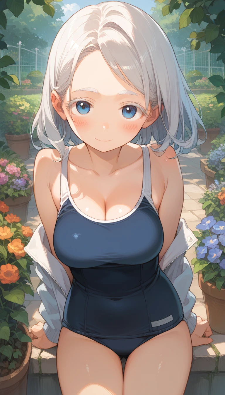 score_9, score_8_up, score_7_up, source_anime, (masterpiece), best quality, expressive eyes, perfect eyes, perfect face, 1girl, {looking at viewer}, garden, outdoors, score_9, score_8_up, score_7_up, source_anime, masterpiece, absurdres, big breasts:0.3, perfect face, cleavage, solo cute expression, amused, smiling, background: garden, JinshiWW, 1girl, white hair, white Eyebrows, white eyelashes, blue eyes, blush, shy, white school swimsuit,,