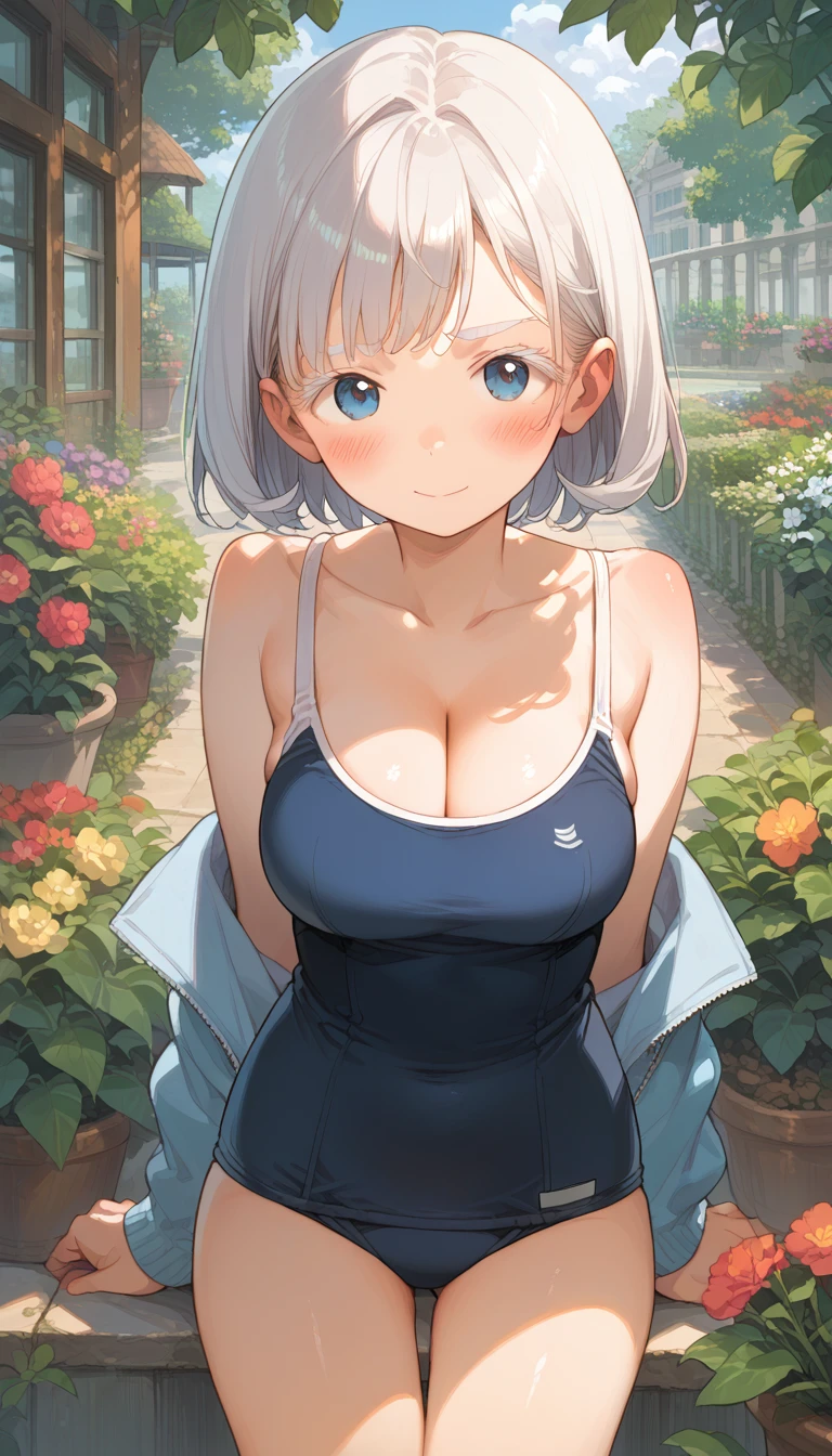score_9, score_8_up, score_7_up, source_anime, (masterpiece), best quality, expressive eyes, perfect eyes, perfect face, 1girl, {looking at viewer}, garden, outdoors, score_9, score_8_up, score_7_up, source_anime, masterpiece, absurdres, big breasts:0.3, perfect face, cleavage, solo cute expression, amused, smiling, background: garden, JinshiWW, 1girl, white hair, white Eyebrows, white eyelashes, blue eyes, blush, shy, white school swimsuit,,