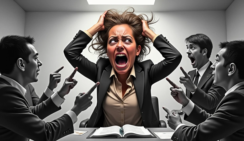 A distorted dramatic scene of a person in his exhausted work environment, screaming, with hands on head pulling hair, can&#39;t stand working in your underpaid job as a receptionist anymore, seated customers pointing at this person, the boss calling that person&#39;s attention, the whole scene in black and white, only the main person colored.