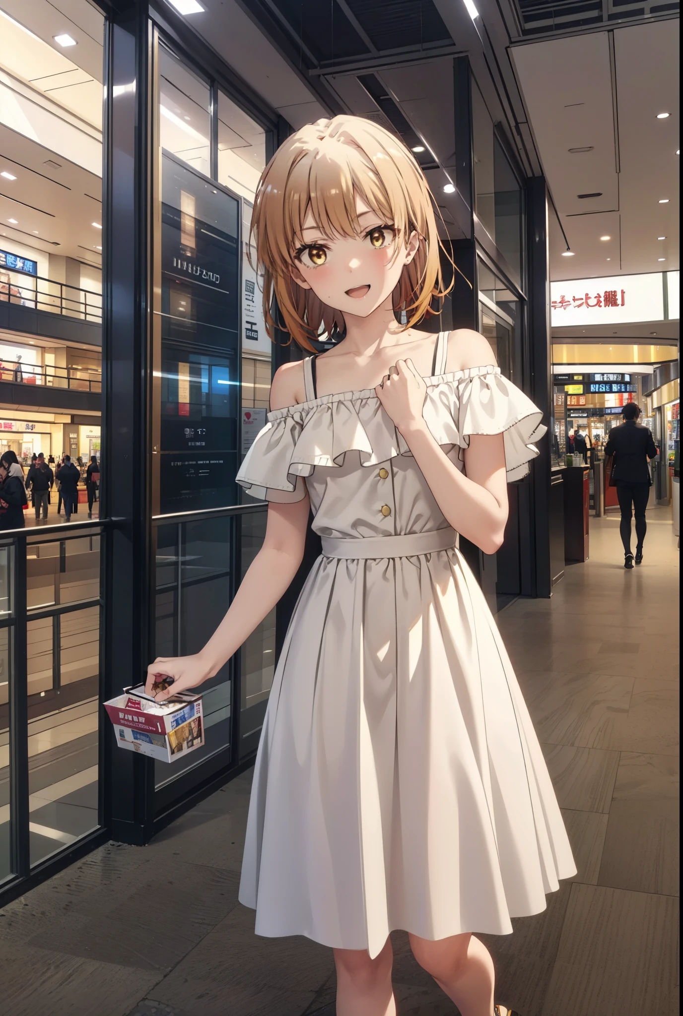 Irohaisshiki, isshiki iroha, short hair, Brown Hair, (Brown eyes:1.5), smile,Open your mouth,smile,Off-the-shoulder yellow dress,mini skirt,Cute heeled sandals,Walking,whole bodyがイラストに入るように,
break indoors,Shopping mall, 
break looking at viewer,whole body, (Cowboy Shot:1. 5),
break (masterpiece:1.2), Highest quality, High resolution, unity 8k wallpaper, (figure:0.8), (Beautiful attention to detail:1.6), Highly detailed face, Perfect lighting, Highly detailed CG, (Perfect hands, Perfect Anatomy),