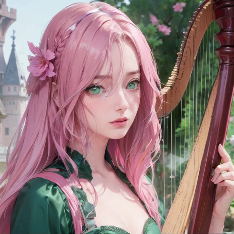 young woman, peach skin, short pink hair, wide forehead, big green eyes, buttoned nose, big pink lips, slender body, small breasts, medieval period clothing, deep neckline, Sakura Haruno, 3d