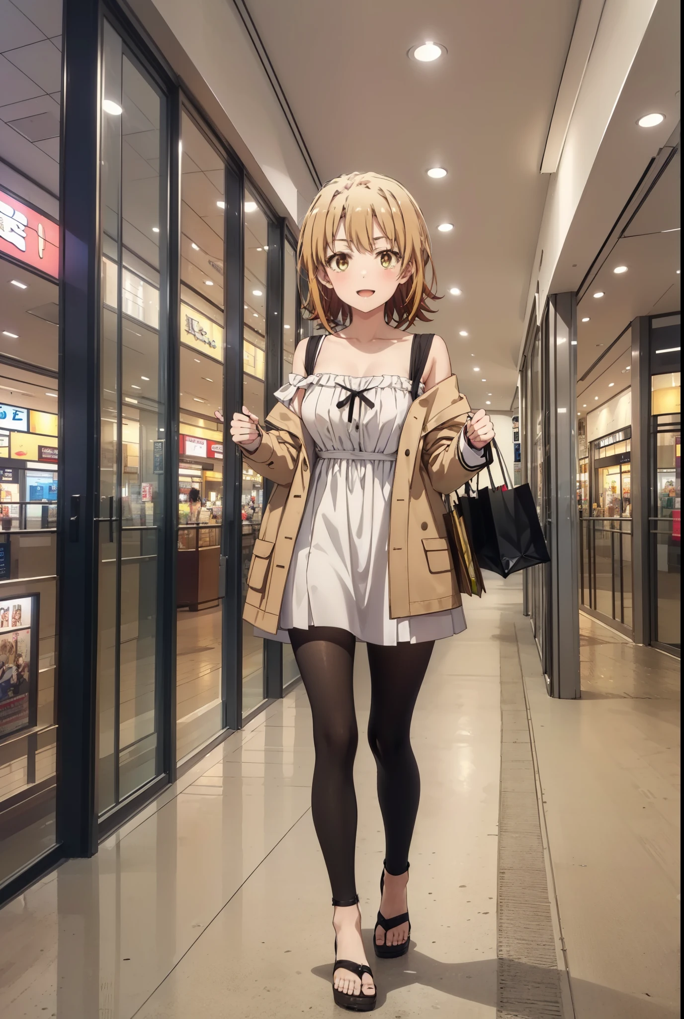 Irohaisshiki, isshiki iroha, short hair, Brown Hair, (Brown eyes:1.5), smile,Open your mouth,smile,Off-the-shoulder yellow dress,mini skirt,Cute heeled sandals,Walking,whole bodyがイラストに入るように,
break indoors,Shopping mall, 
break looking at viewer,whole body, (Cowboy Shot:1. 5),
break (masterpiece:1.2), Highest quality, High resolution, unity 8k wallpaper, (figure:0.8), (Beautiful attention to detail:1.6), Highly detailed face, Perfect lighting, Highly detailed CG, (Perfect hands, Perfect Anatomy),