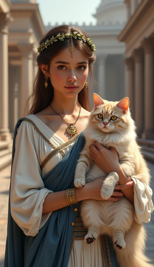 hold cat, Persian cat, BC 21 years ,Front view, Full-body, looking at viewer, Empire of Roman girl, 1 girl is 20-old, Hers name Julia, (Light brown hair, middle hair , wince, brown eyes, beautiful lip, olive leaf tiara, gold earing and neckless, little smile), (big breasts, slender whist, wide hip) ,(wearing White an ancient Roman imperial elegant tunic:1.3), (Blue elegant Toga, fasten metal button :1.5), ((leather Sandal)), on street of Palace, in Roman, standing pose, noon, (textured skin , HI detailed skin, (foreshortening, Canon, 8k, anatomically correct, super detail, high details, highness)