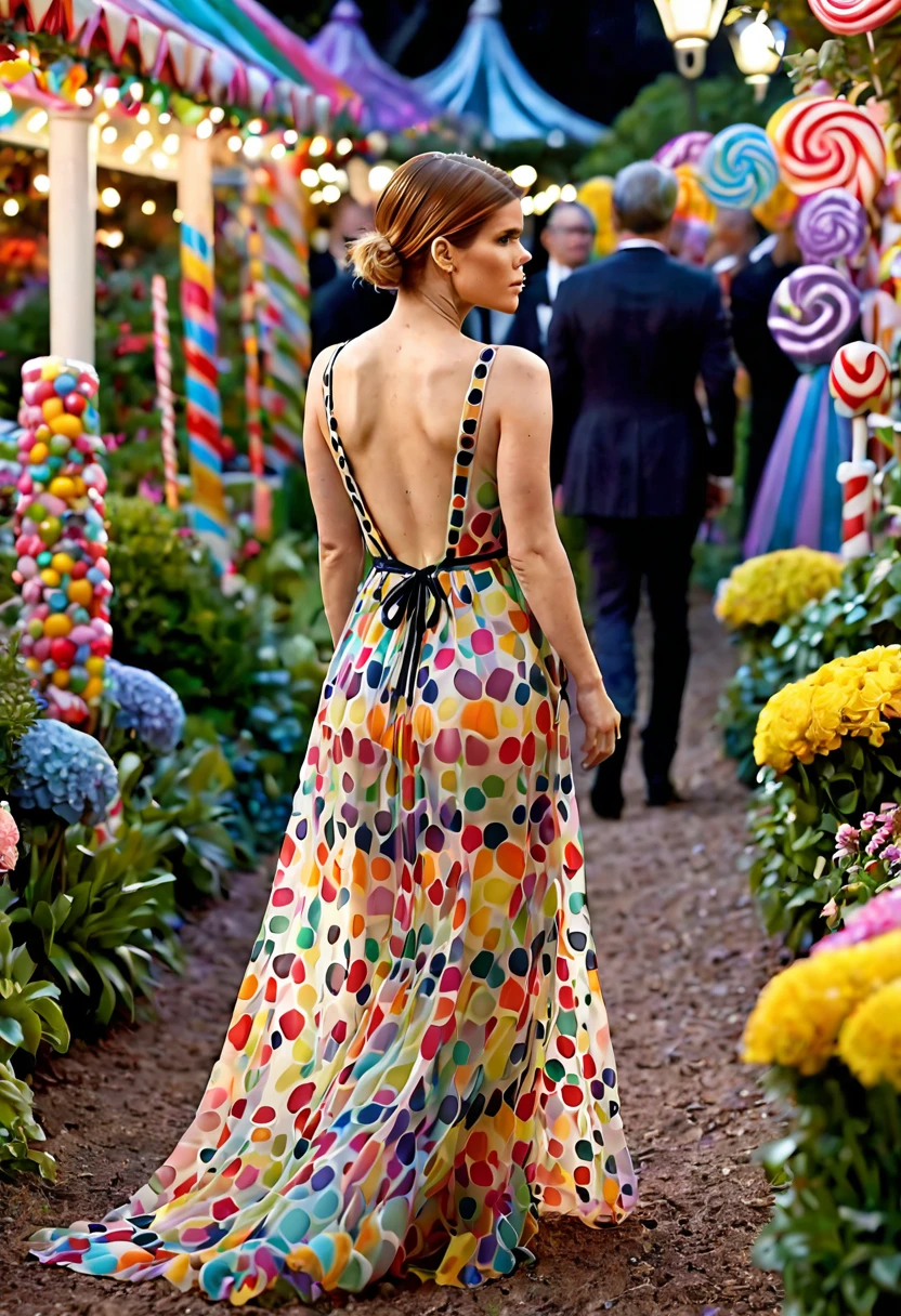 a detailed photo of Kate Mara in a sheer colorful gown without underwear, strolling through a candy land garden in full bloom on a moonlit night, sultry poses, mainly viewed from behind, best quality,4k,8k,highres,masterpiece:1.2,ultra-detailed,realistic,photo-realistic:1.37,HDR,UHD,studio lighting,ultra-fine painting,sharp focus,physically-based rendering,extreme detail description,professional,vivid colors,bokeh,portrait