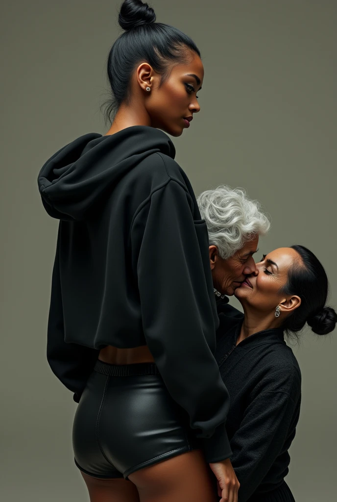 black woman hair in a bun black hoodie black leather short shorts a old grandma in a dress on her knees kissing her ass behind her