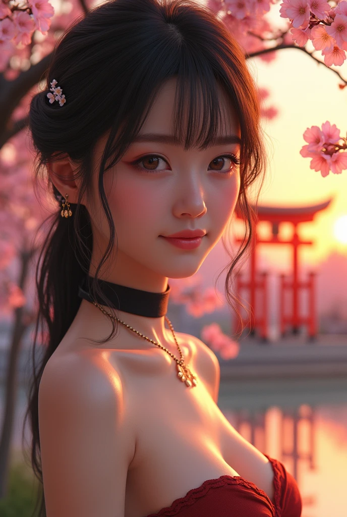 best quality, ultra high res, (photorealistic:1.4), 1girl, , small break nipples, boker, smile, bare shoulders, solo focus, looking at viewer,fair skin,sunset,cherry tree,photon mapping, physically-based rendering, RAW photo, highly detailed background,kpop idol,depth of field,torii,cherry blossoms,hair ornament,detailed face,shiny skin,game cg,full body,