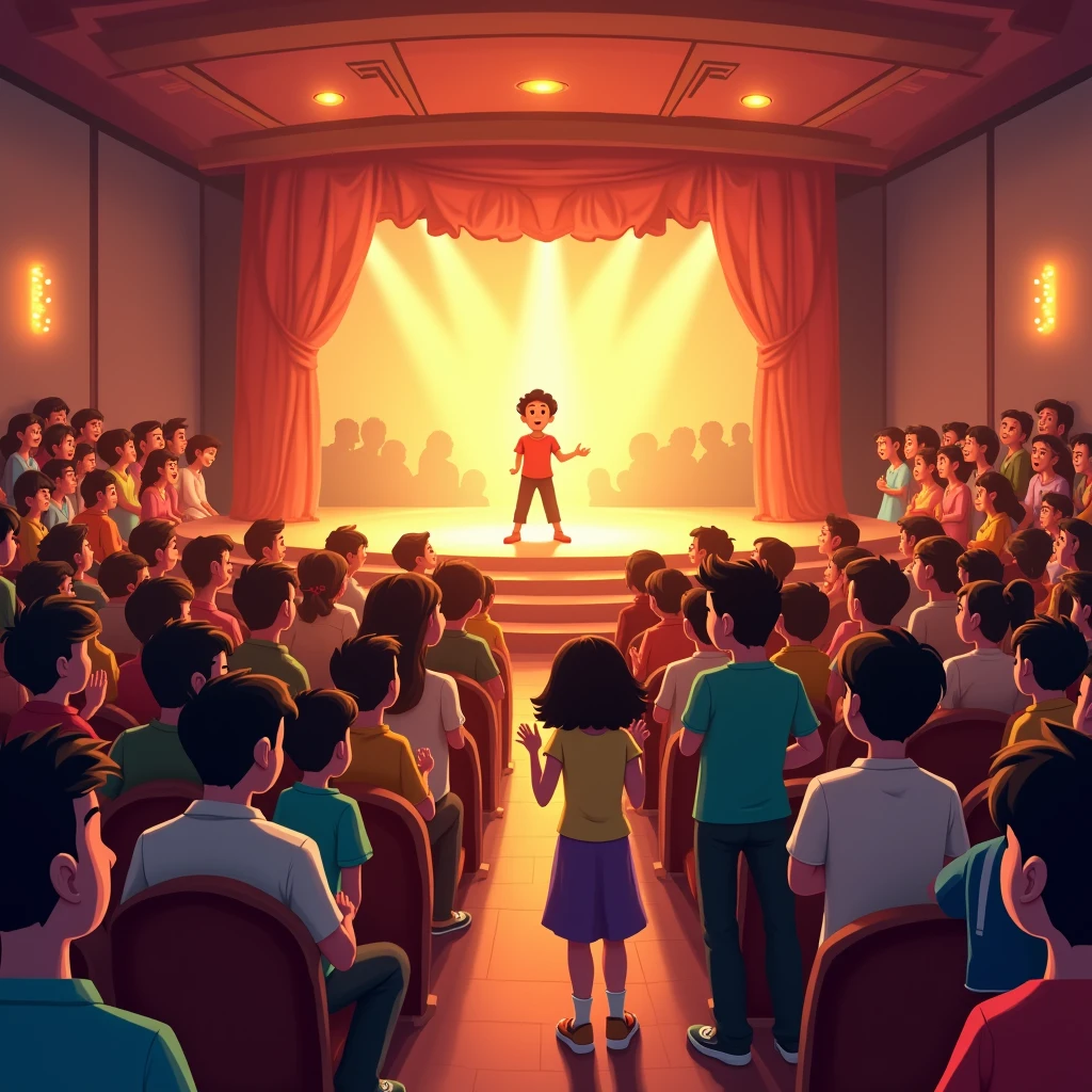 (highest quality, 4k, masterpiece:1.3), A scene inside an auditorium filled with people sitting on chairs, all facing towards the stage. The audience is diverse, with men, women, and children, all dressed in casual or traditional clothing. They look engaged, some clapping, others smiling, as they watch a young girl perform on stage. The room is warmly lit, with soft ambient lighting and the glow from the stage highlighting the audience's faces. The background shows soft curtains, warm stage lighting, and a playful, joyful atmosphere, matching the animated, 2D cartoon style.