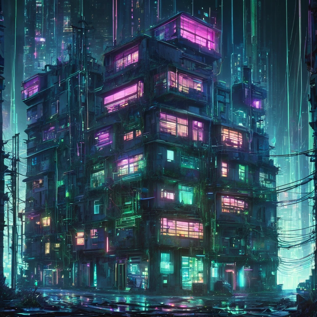 cyber punk　cyber punkアート　A building filled with secret machinery　Building with tangled wires　Futuristic buildings　The building is dimly lit　Light leaks from the multiple windows　The windows are randomly placed　Below the building are rows of abandoned buildings.　Multiple utility poles　Tangled wires　Beautiful picture　Exquisite illustrations　wonderful