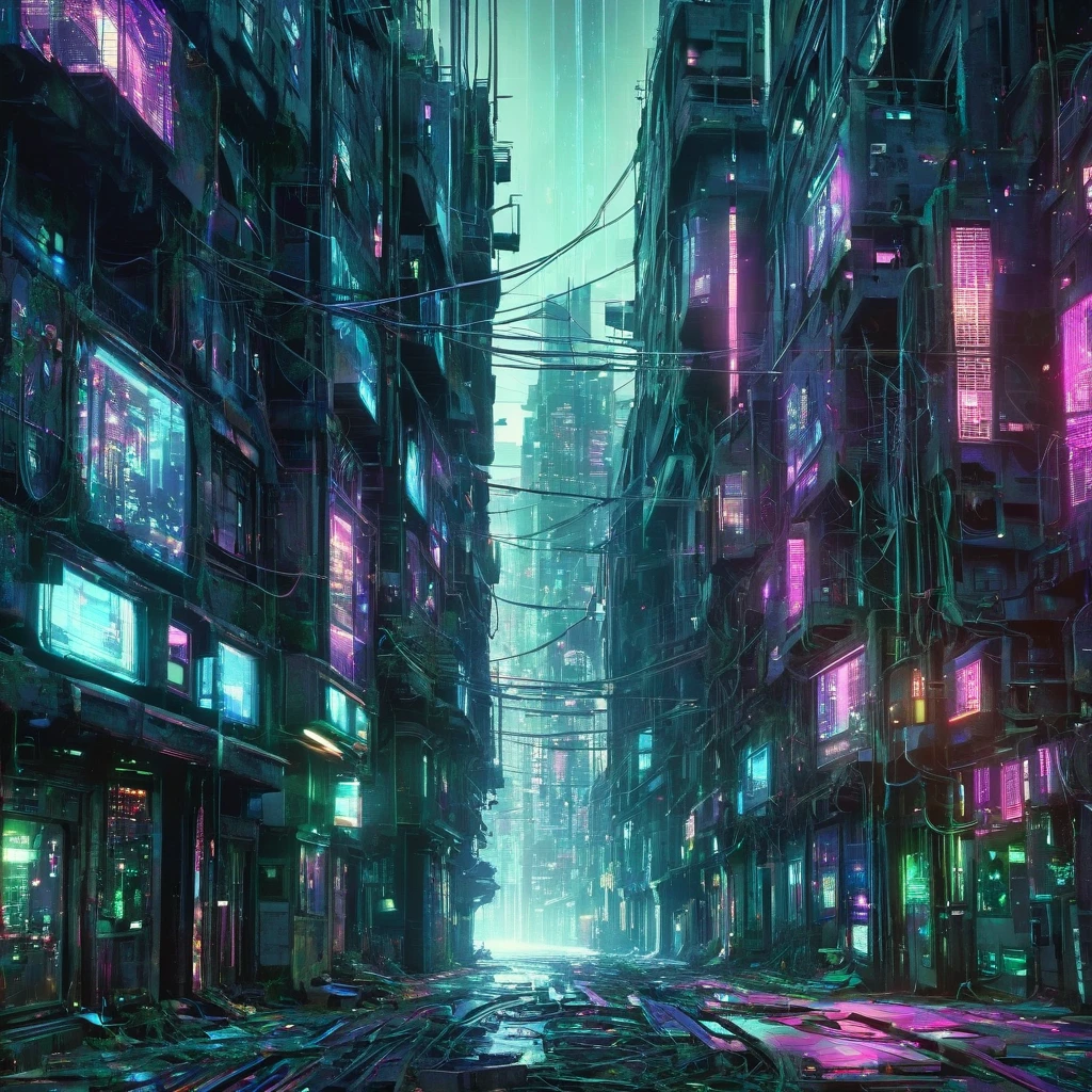 cyber punk cyber punkアート A building filled with secret machinery Building with tangled wires Futuristic buildings The building is dimly lit Light leaks from the multiple windows The windows are randomly placed Below the building are rows of abandoned buildings. Multiple utility poles Tangled wires Beautiful picture Exquisite illustrations wonderful