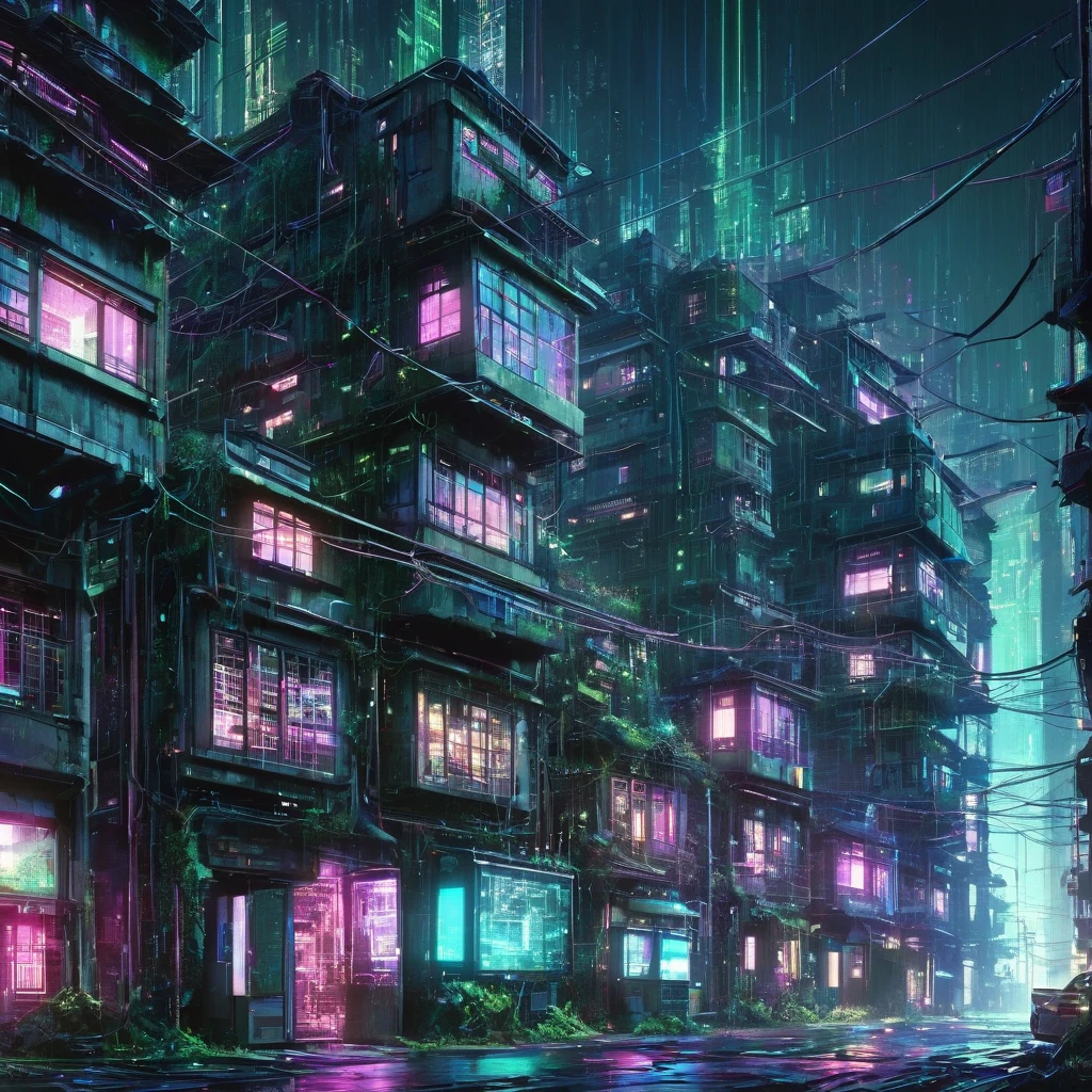 cyber punk　cyber punkアート　A building filled with secret machinery　Building with tangled wires　Futuristic buildings　The building is dimly lit　Light leaks from the multiple windows　The windows are randomly placed　Below the building are rows of abandoned buildings.　Multiple utility poles　Tangled wires　Beautiful picture　Exquisite illustrations　wonderful