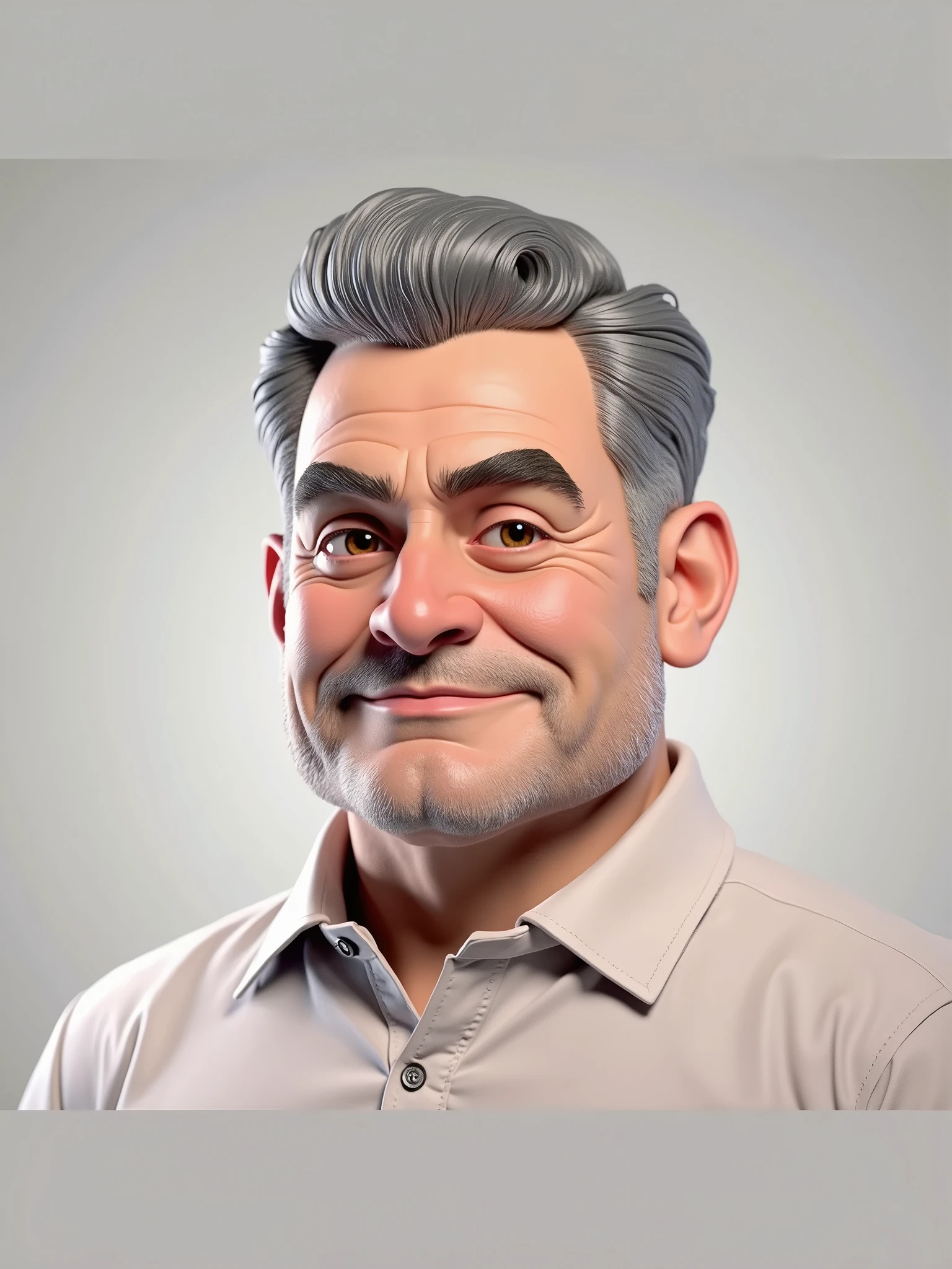 Create a 3D style character, of a 6 man, brown eyes, short gray hair, with a normal mouth, big and rounded nose, Thick eyebrows, wearing dress clothes, standing in the background a white wall