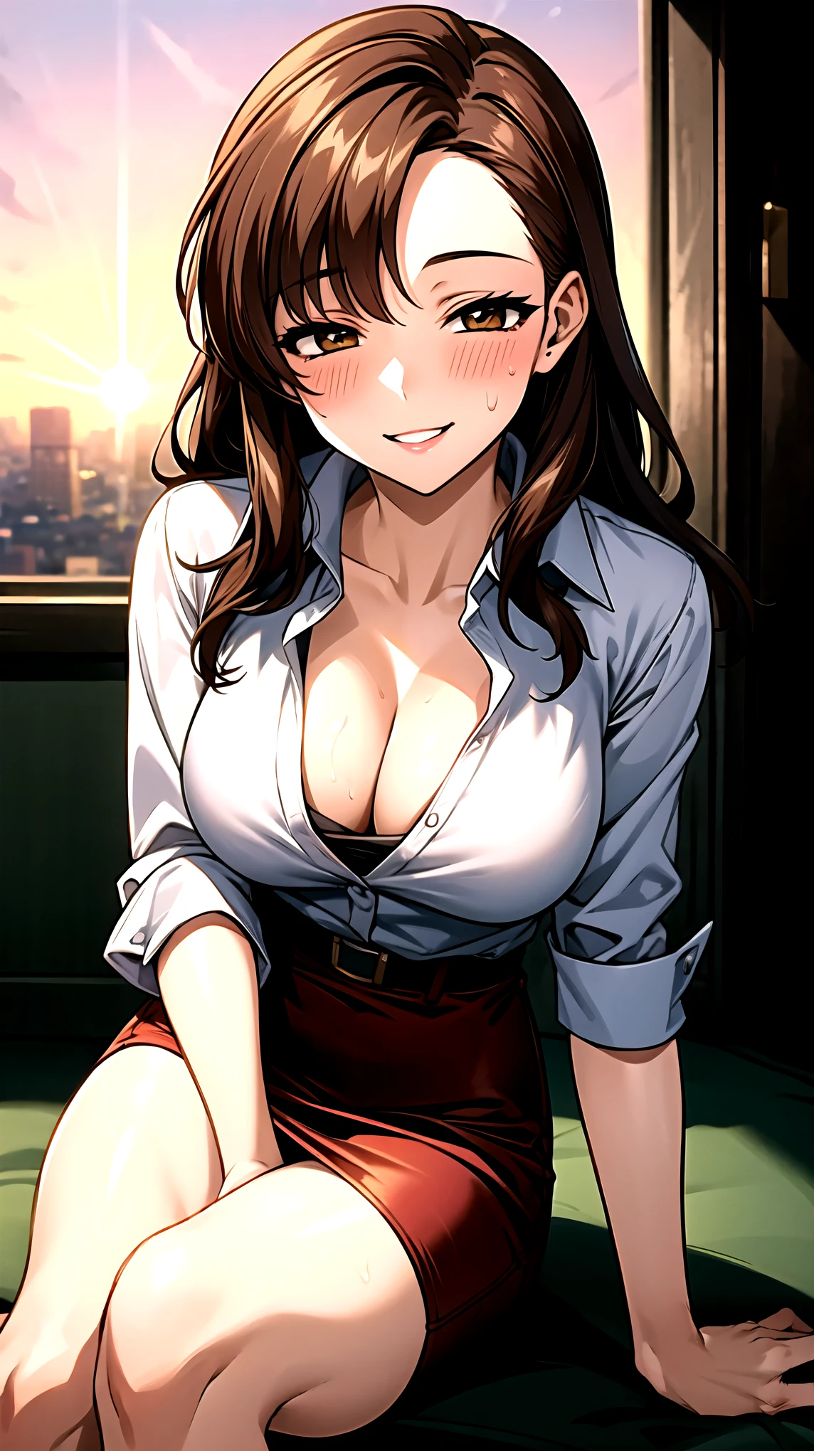 ((super high quality,Ultra-high resolution,16K,super masterpiece,Ultra HD ,Detailed shading,))Above the knees photo,On top of a hill lit by the setting sun,One sexy mature woman,((popped Tight collar Pink shirts,Cleavage,))Folded sleeves,Red pencil skirt,Looking into the camera,Brown medium long hair,smile,blush,Thick lips,Sweaty,