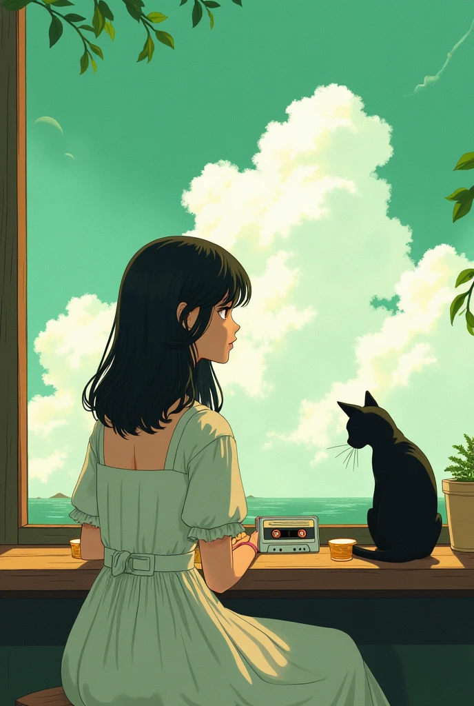 One person, Black Hair, White Dress, coffee shop, black cat on the side、Cassette tape on table、outside the window is the green soda-colored sky, White cloud, green, Nostalgia, summer, (Watercolor:16,9)、 profile, silhouette, Looking up from below
