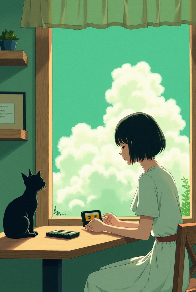 One person, Black Hair, White Dress, coffee shop, black cat on the side、Cassette tape on table、outside the window is the green soda-colored sky, White cloud, green, Nostalgia, summer, (Watercolor:16,9)、 profile, silhouette, Looking up from below