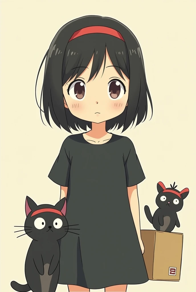 Animated scene of a woman with a cat and a bird, Scrape delivery service, Kiki&#39;s Delivery Service, Ghibli anime style, by Miyazaki, Ghibli anime style style, Miyazaki anime films, Miyazaki Movies, Studio Ghibli Anime, studio ghibli and shinkai makoto, Miyazaki Movies, Studio Ghibli Animeーション, Ghibli anime movie simple background, Simple eyes、The cat is black、Faint Lines、Black Hair, Bob、Ghibli-style colors, Headbands with red ribbons、Black dress.Simple eyes、Non-sparkling eyes、