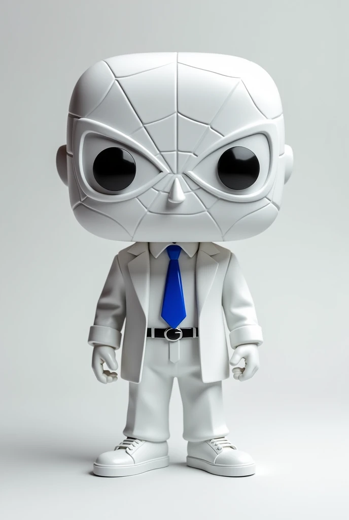 Create a funko pop with a white shirt, white pants, white coat and white tennis shoes, black belt and blue tie with the original Spiderman mask on