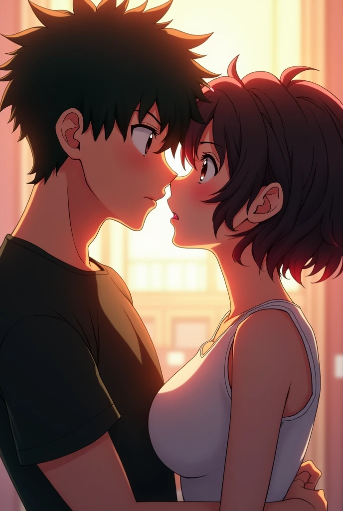 Girl character set in Boku no hero academia with short black and red curly hair, dark brown eyes, light brown complexion, somewhat large chest, standing next to Bakugo looking passionately about to kiss each other 