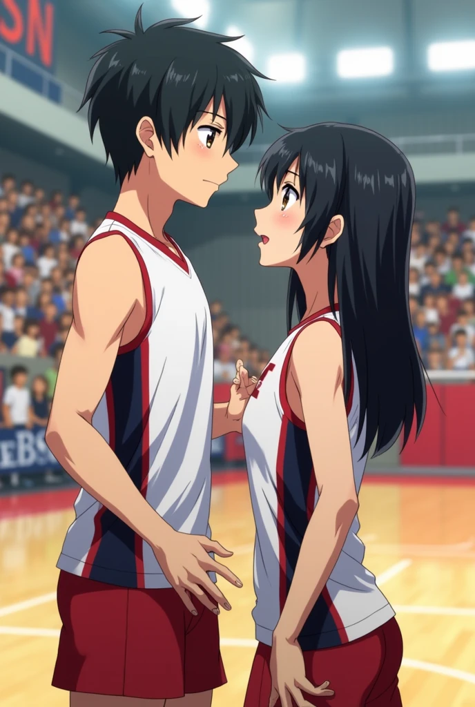 Make a brunette girl with shoulder-length black hair and light brown eyes and she is thin but not too thin and she is Tsukishima Kei's girlfriend and she is from Karasuno and they are in the Karasuno gym haikyu