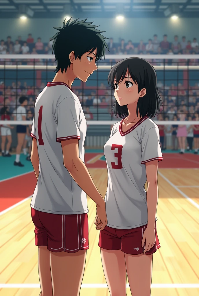 Make a brunette girl with shoulder-length black hair and light brown eyes and she is thin but not too thin and she is Tsukishima Kei's girlfriend and she is from Karasuno and they are in the Karasuno gym haikyu