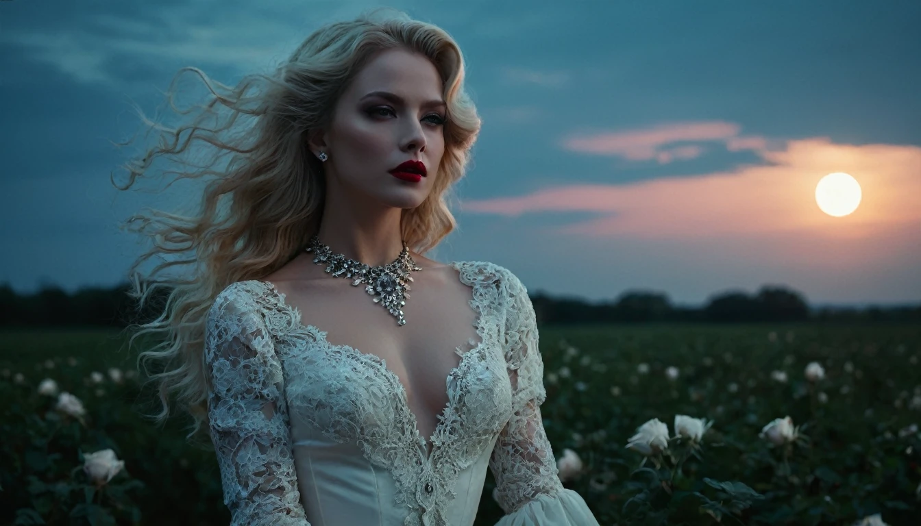 action film, elegant pose,The Lady of Shadows, a beautiful female, grandes olhos negros, mournful look, scarlet lips, pale skin, long blonde hair, fluttering in the wind, white dress with lace in baroque style, elegant white gloves on the hands, elegant jewelry in clothes and hair, Standing in a field of roses, night time, night sky, huge bright moon, cold Detail eyes, Hiquality, master part, nebula