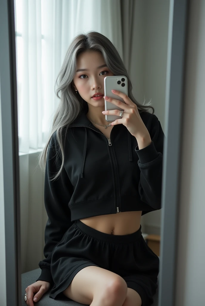highly detailed, beautiful, hyper Realistic girl, masterpiece, best quality, Depict a mysterious and sophisticated beautiful Japanese gravure model,, 28-years-old, identity hidden, all body shot, / gray arranged hair, small head, Detailed face, cute and Pretty slim face, wide Duck mouth, half opened rips, perfect beautiful wide Tooth, arranged gray hair, shiny eyes, blue-colored eyes, Realistic skin, Detailed face, / Top: A black cropped hoodie made from soft, high-quality sweat material, cinched at the waist to reveal the navel. The hoodie is unembellished, with a high collar and zippered front, offering a clean and modern aesthetic. Bottom: A knee-length, loose fitted skirt in matching black sweat material, designed for a sleek and simple silhouette. Footwear: Sleek black ankle boots with subtle synthetic overlays and black Ankle boots, blending comfort with a touch of futurism. Accessories: A thin, simple silver necklace at the neck, complemented by delicate silver bracelets on the wrists and small silver stud earrings, all understated and refined to maintain the minimalist vibe. //// simple white single room, gray frame mirror, complicated background /// takes a selfie in her room using a smartphone in front of a mirror with one hand, sitting and sexy Posing, all body shot, focus shoes, looking away from the camera,