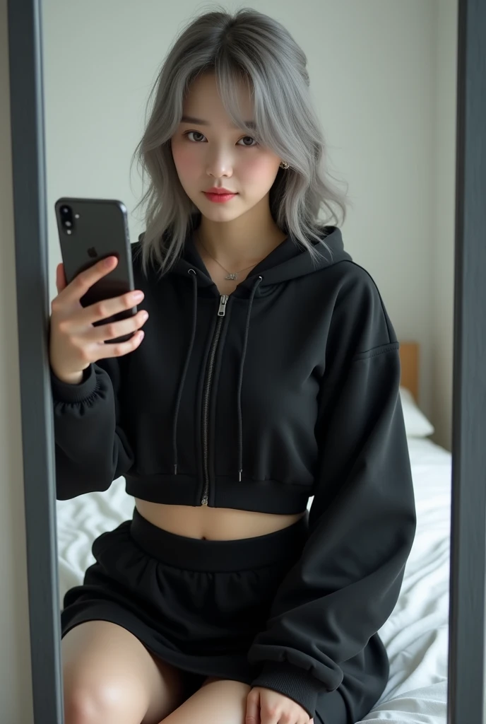 highly detailed, beautiful, hyper Realistic girl, masterpiece, best quality, Depict a mysterious and sophisticated beautiful Japanese gravure model,, 28-years-old, identity hidden, all body shot, / gray arranged hair, small head, Detailed face, cute and Pretty slim face, wide Duck mouth, half opened rips, perfect beautiful wide Tooth, arranged gray hair, shiny eyes, blue-colored eyes, Realistic skin, Detailed face, / Top: A black cropped hoodie made from soft, high-quality sweat material, cinched at the waist to reveal the navel. The hoodie is unembellished, with a high collar and zippered front, offering a clean and modern aesthetic. Bottom: A knee-length, loose fitted skirt in matching black sweat material, designed for a sleek and simple silhouette. Footwear: Sleek black ankle boots with subtle synthetic overlays and black Ankle boots, blending comfort with a touch of futurism. Accessories: A thin, simple silver necklace at the neck, complemented by delicate silver bracelets on the wrists and small silver stud earrings, all understated and refined to maintain the minimalist vibe. //// simple white single room, gray frame mirror, complicated background /// takes a selfie in her room using a smartphone in front of a mirror with one hand, sitting and sexy Posing, all body shot, focus shoes, looking away from the camera,