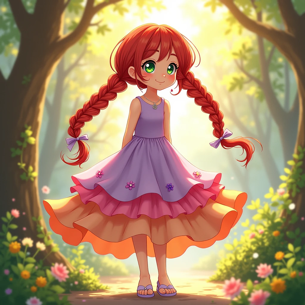 1girl, Modern Anime with a whimsical, fairytale twist. She wears a vibrant, flowing dress with a layered skirt, reminiscent of a flower petal. The top half of the dress is a soft lavender, while the skirt is a gradient of pinks and oranges, ending with a ruffled hem. She wears simple, white sandals, and a delicate silver necklace with a small, crescent moon pendant. Her dress is adorned with tiny, embroidered flowers in various shades of pink, purple, and yellow. Long, flowing, and a vibrant shade of crimson red hair. Her hair is braided into two thick braids that hang down her back, with delicate ribbons woven in. Large, emerald green eyes that sparkle with a mischievous gleam. They have a youthful innocence, yet hint at a hidden strength. Fair skin, with a soft, rosy glow. Warm, golden sunlight filtering through the trees, creating dappled light and shadows. The scene is bathed in a soft, enchanting glow. Playful, whimsical, and magical. The artwork should capture the girl's youthful energy and sense of wonder, highlighting the fairytale atmosphere of the scene. The overall mood should be lighthearted and charming, suggesting a world of enchantment and imagination. details scenery, details lighting, details shadow, details texture, details hair, details eyes, details skin, details lips, details clothing and accessories, details lineart, (best quality:1.2), (masterpiece:1.2), (very aesthetic:1.2), (ultra detailed:1.2), (4k:1.2), perfect anatomy, perfect proportion, perfect drawn, newest, ai-generated, safe, score_9, score_8_up, score_7_up, rating_safe, source_anime