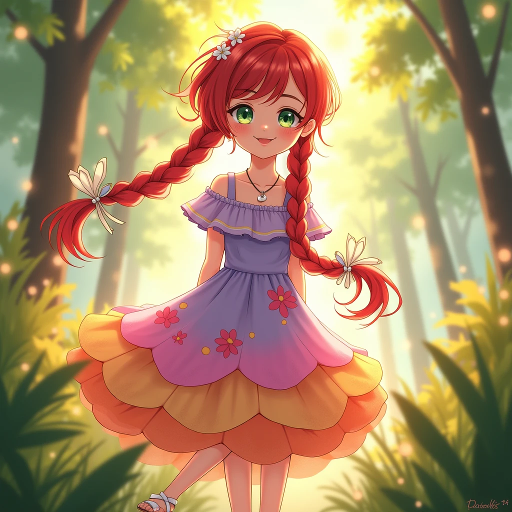 1girl, Modern Anime with a whimsical, fairytale twist. She wears a vibrant, flowing dress with a layered skirt, reminiscent of a flower petal. The top half of the dress is a soft lavender, while the skirt is a gradient of pinks and oranges, ending with a ruffled hem. She wears simple, white sandals, and a delicate silver necklace with a small, crescent moon pendant. Her dress is adorned with tiny, embroidered flowers in various shades of pink, purple, and yellow. Long, flowing, and a vibrant shade of crimson red hair. Her hair is braided into two thick braids that hang down her back, with delicate ribbons woven in. Large, emerald green eyes that sparkle with a mischievous gleam. They have a youthful innocence, yet hint at a hidden strength. Fair skin, with a soft, rosy glow. Warm, golden sunlight filtering through the trees, creating dappled light and shadows. The scene is bathed in a soft, enchanting glow. Playful, whimsical, and magical. The artwork should capture the girl's youthful energy and sense of wonder, highlighting the fairytale atmosphere of the scene. The overall mood should be lighthearted and charming, suggesting a world of enchantment and imagination. details scenery, details lighting, details shadow, details texture, details hair, details eyes, details skin, details lips, details clothing and accessories, details lineart, (best quality:1.2), (masterpiece:1.2), (very aesthetic:1.2), (ultra detailed:1.2), (4k:1.2), perfect anatomy, perfect proportion, perfect drawn, newest, ai-generated, safe, score_9, score_8_up, score_7_up, rating_safe, source_anime
