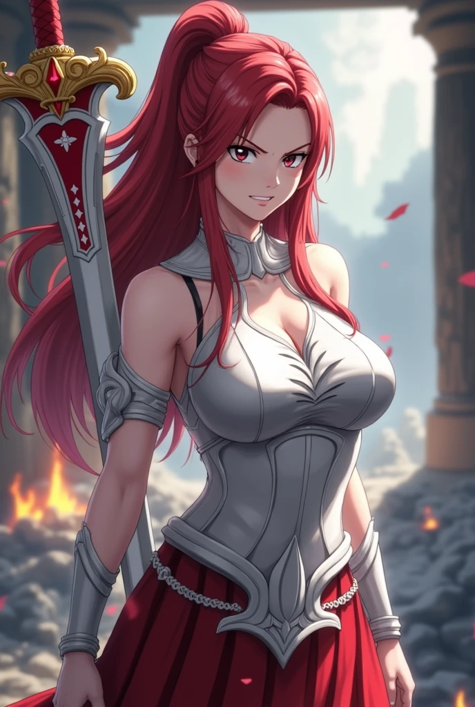 Here’s a detailed prompt to create an image of Erza Scarlet:
(Erza Scarlet:1.4), (Fairy Tail:1.4), (masterpiece:1.4, best quality), (((photo realistic:1.4))), fierce and determined expression, dynamic battle pose, wearing her iconic armor with intricate details, (armor glowing with magical energy:1.2), long, flowing scarlet hair, holding a massive sword with a beautifully decorated hilt, (sharp and intense gaze:1.2), (powerful aura surrounding her:1.2), (background of a battlefield with rubble and flames:1.2), (dramatic lighting with strong contrasts:1.2), vibrant colors, rich textures, highly detailed armor and weapon, (dynamic composition with movement and energy:1.2), (deep reds:1.2), (metallic silver:1.2), high-quality and detailed, (epic and powerful atmosphere:1.2), captivating and commanding presence, perfect image quality, iconic and recognizable, strong sense of action and intensity