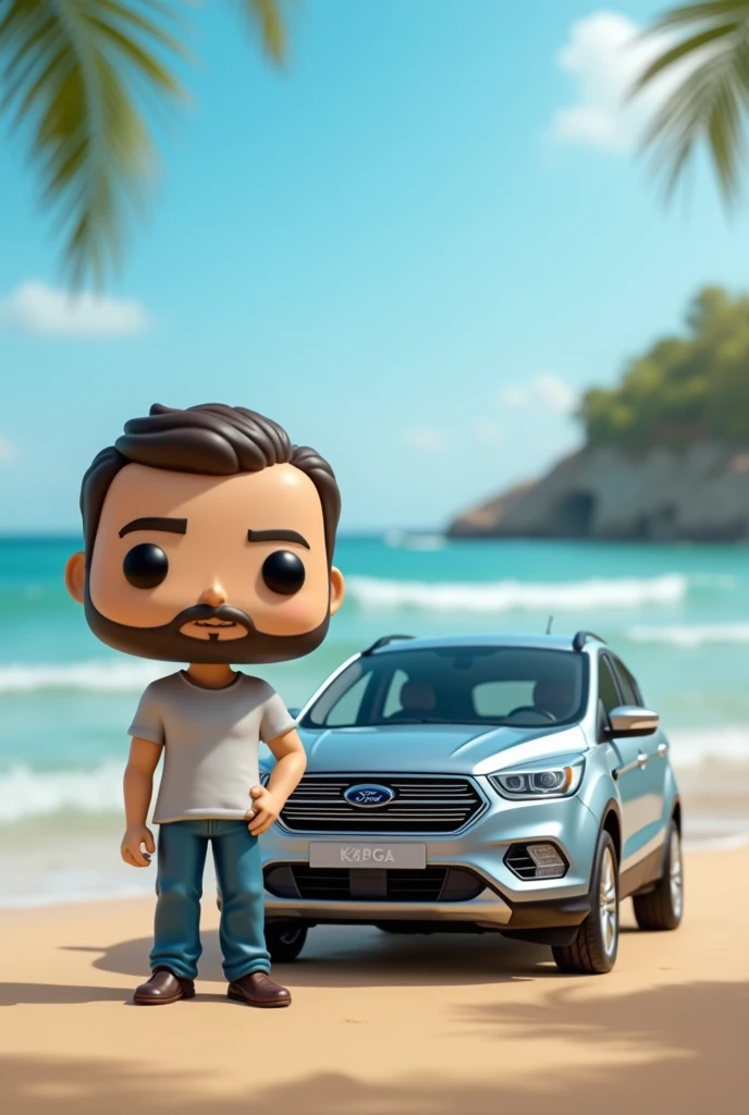 Create a funko pop of a 2 guy with a little beard and a 2013 Ford Kuga and a beach in the background