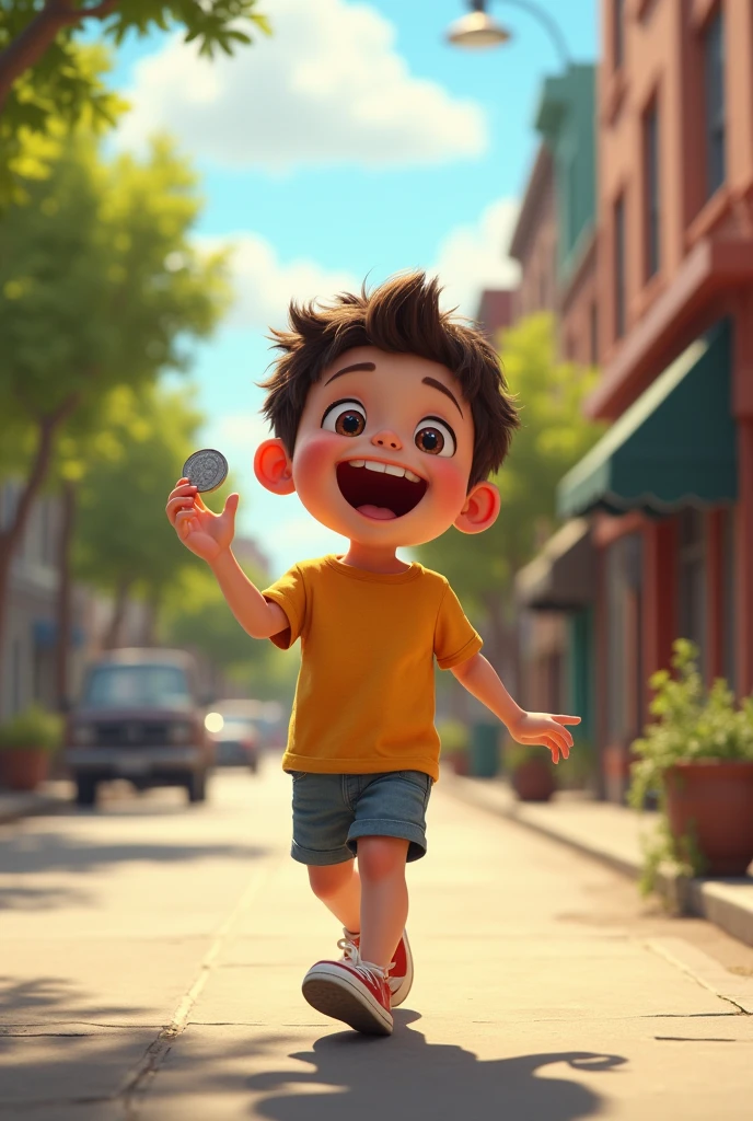 Image of an excited walking down the street outside a park with a coin