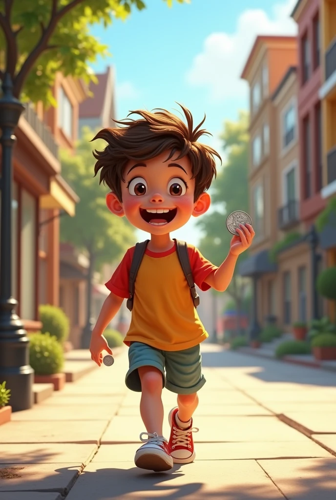 Image of an excited child walking down the street outside a park with a coin