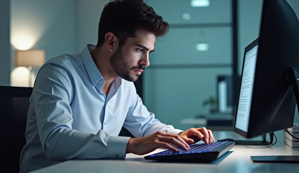 A young men typing a keyboard