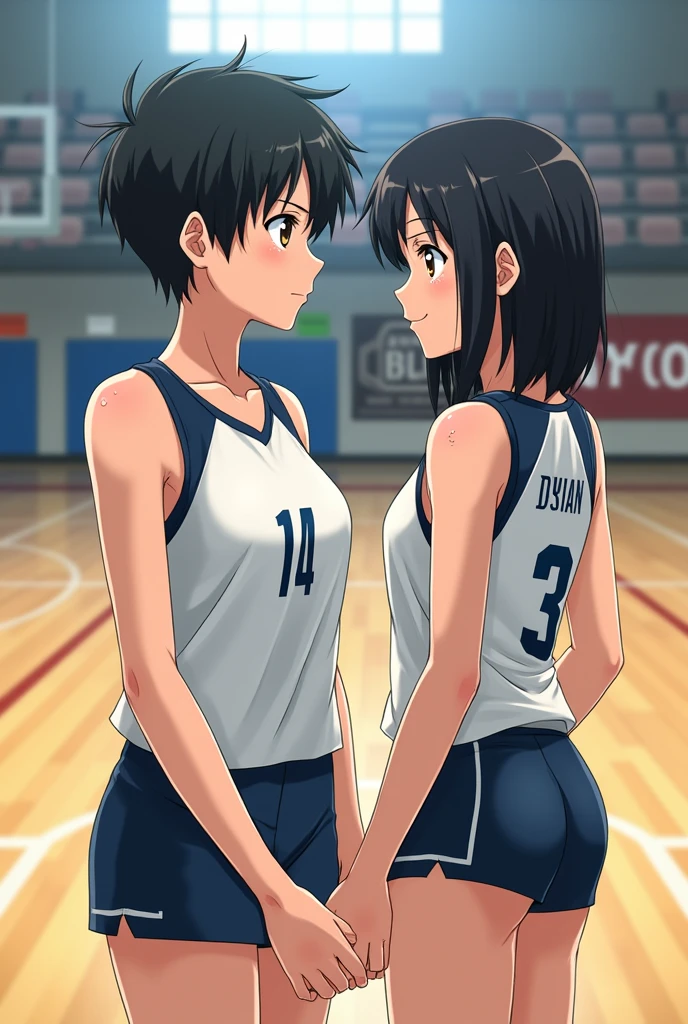 (top-quality、in 8K、32K、​masterpiece、nffsw、超A high resolution、Impresionismo、Photorealsitic:1.2)、Full body, Inside the gymnasium、Volleyball Court、beauitful face、blurry backround、16-year-old beautiful girl、shinny skin、bob cuts、Beautiful black hair、Red Eyes、(Hachimaki:1.2)、Volleyball Uniforms、Curve、dynamicposes、Smile with open mouth、Two girls