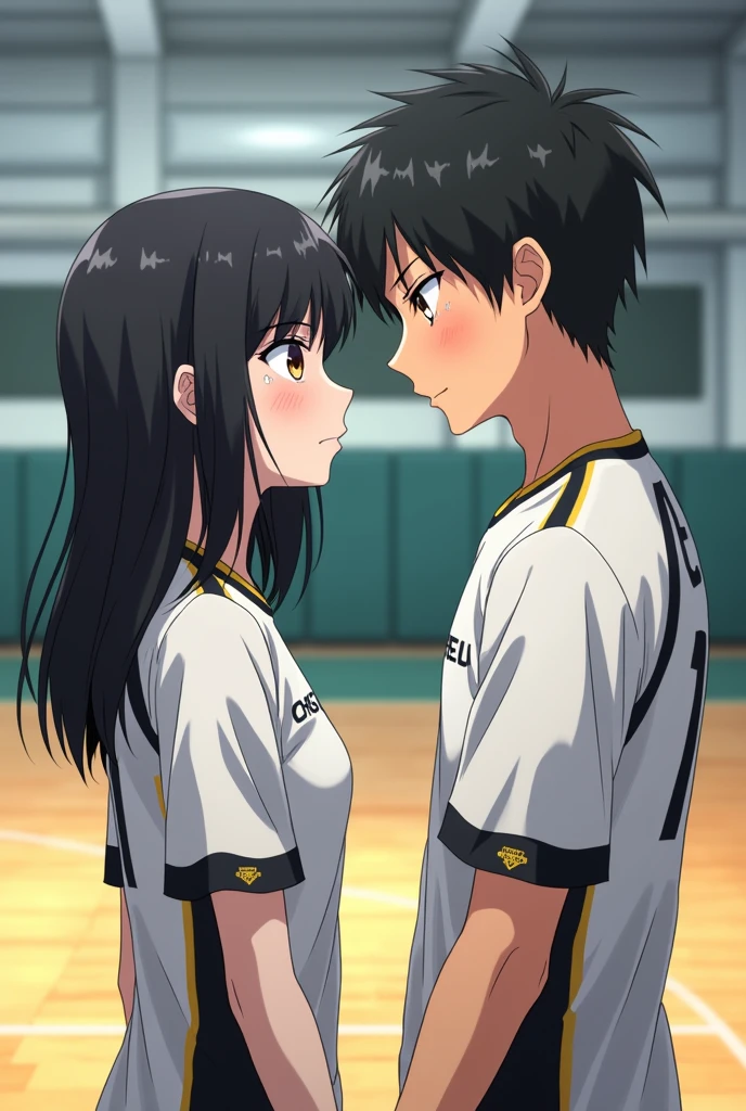 Make a brunette girl with shoulder-length black hair and light brown eyes and she is thin but not too thin and she is Tsukishima Kei&#39;s girlfriend and she is from Karasuno and they are in the Karasuno gym haikyu
