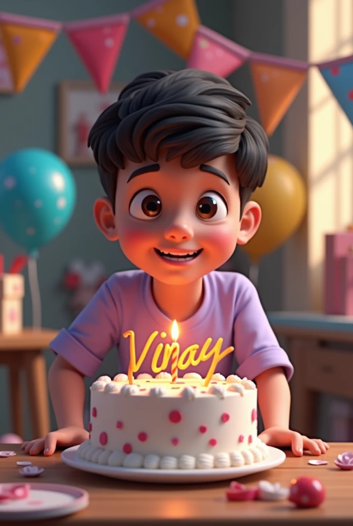 Create a 3d image in which a teenager boy cutting cake wearing light purple color shirt with name “Vinay” is written clearly on the cake and 8 year candle buring on the cake, image features with birthday decorated view, realistic image background decorated with birthday items 