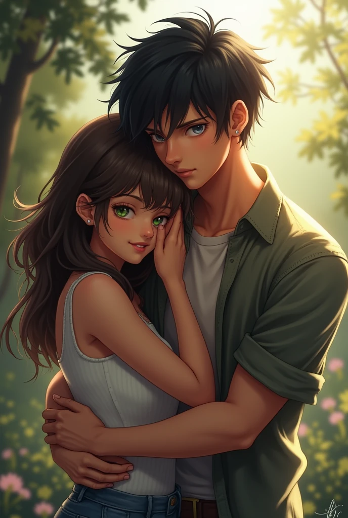 A couple in a jungle hills, beautiful detailed eyes, extremely detailed face, short clothes, curvy hips