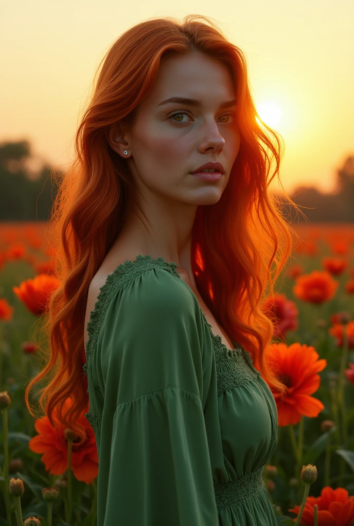A red-haired woman with German features, in profile in a field of flowers in the middle of the sunset, with green clothes and