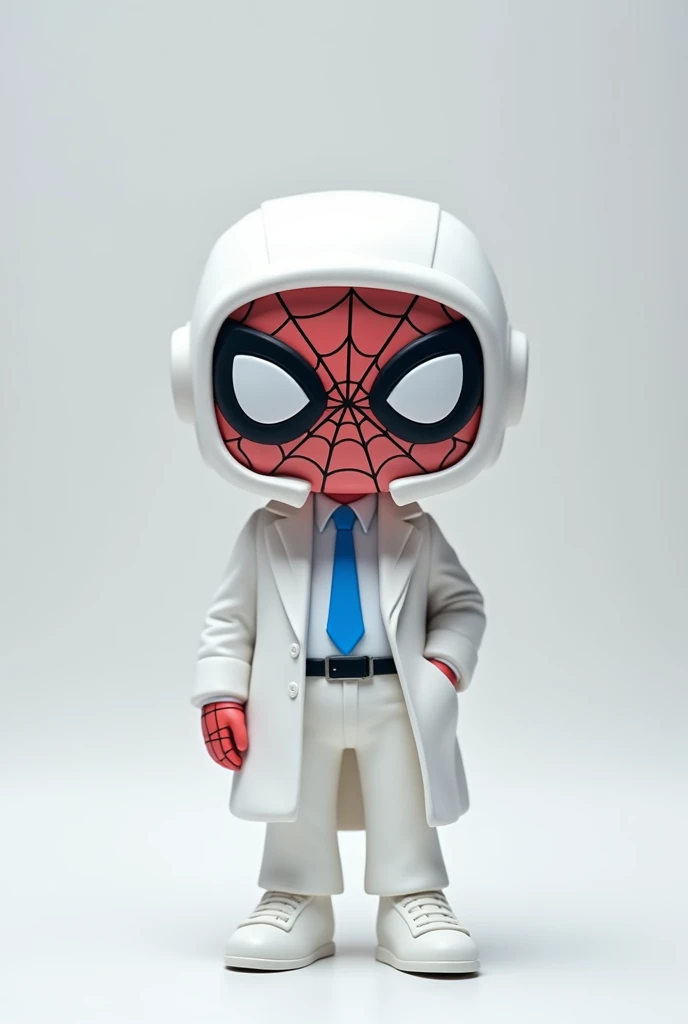 Create a funko pop with a white shirt, white pants, white coat and white tennis shoes, black belt and blue tie with the original Spiderman mask on