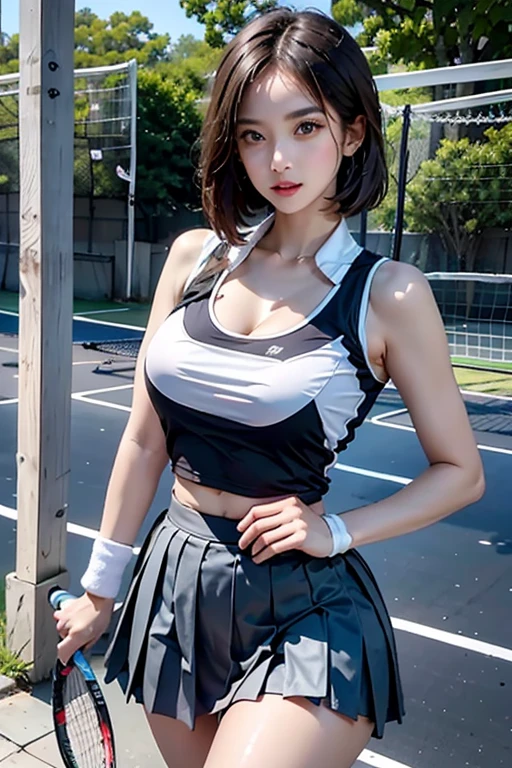 photorealistic, high resolution, 1women, 独奏, hips up, look at viewer, (detailed face), Short Bob
, school uniform, mini skirt、(Pleated skirt),Perfectly symmetrical eyes、Fuller lips、Ample breasts、Narrow waist、Thigh、Girl in tennis wear、Sunburned skin、On a sunny tennis court、Girl holding a tennis racket、Tank top、(Perfect tennis rackets)