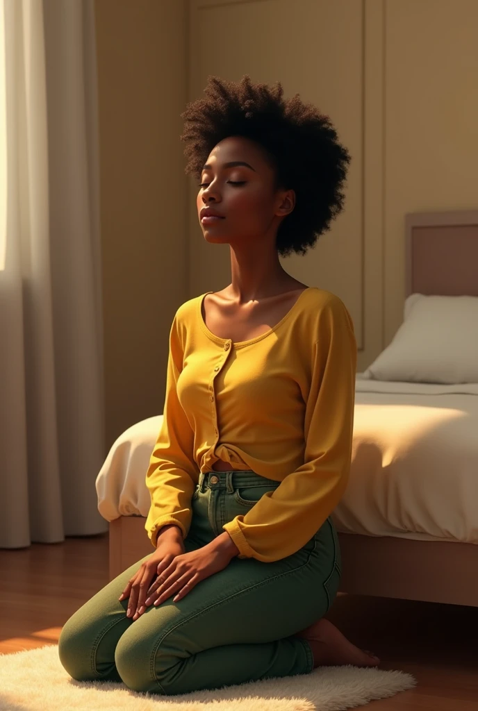 create a realistic image of a beautiful 1 black girl, her name is Anny(short curly hair, brown dark eyes, turned legs, long yellow women&#39;s shirt, green jeans, bent at the bar), she is kneeling on the floor next to the bed, with eyes closed,  hands open and together on the leg