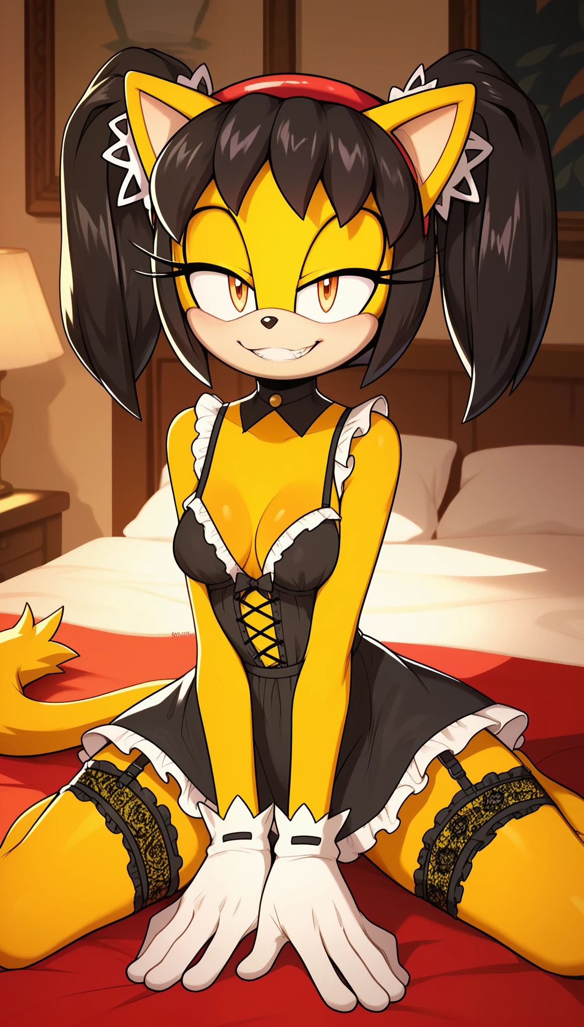 seductive expression, 1girl, anthro, furry, fur, fluffy fur, honey the cat, sonic (series), black hair, twintails, frilly hairbands, (black lingerie) (lingerie dress), red hairband, (19 years), medium breast, thick thighs, solo, detailed, half-closed eyes, solo, (bedroom), detailed, cute grin, (yellow body), (yellow furry), spread legs, kneeling, her hands i'm her thighs, sitting over her bed, looking at the viewer, score_9, score_8_up, score_7_up, score_6_up, score_5_up, score_4_up