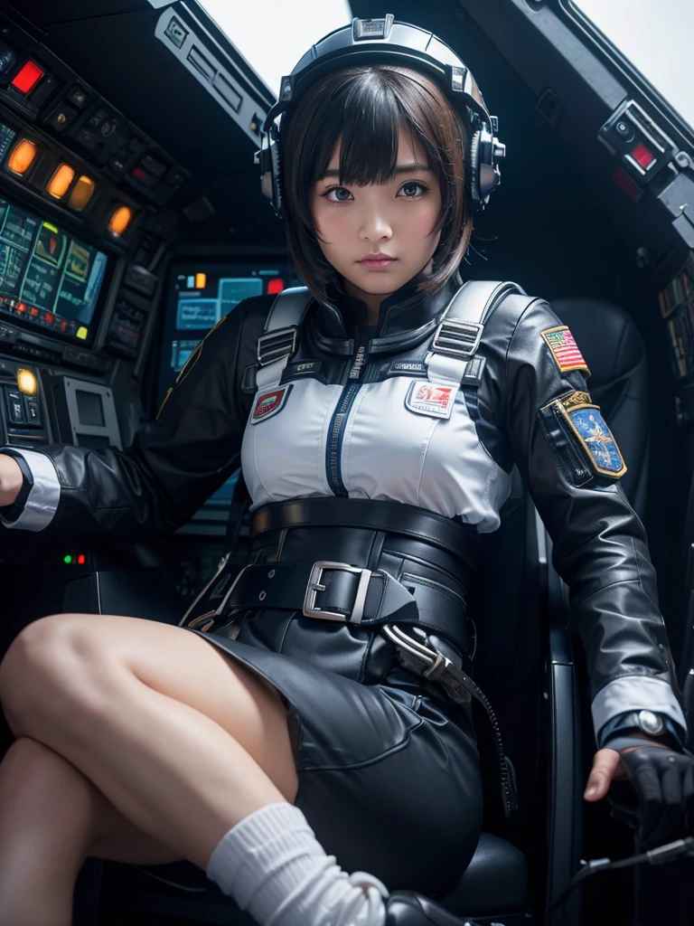 masterpiece, Highest quality, Very detailed, Japanese Android girl,Plump,Slightly thicker,Control panel,Android,cyborg,Blunt bangs,sitting in the cockpit of a fighter jet,Combat Uniform,Harness Belt,Helmet