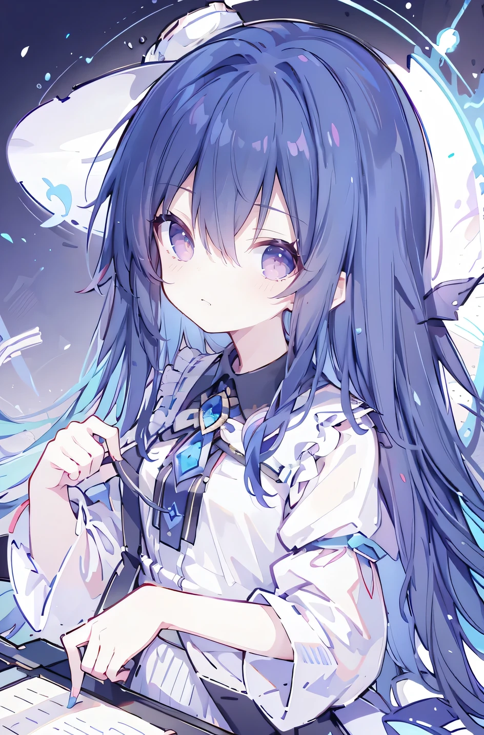 oung Girls,Humanity,A magician always smiles,big witch hat,cute,dark blue long hair,The eyes are dull,The bangs are heavy,Thin eyebrows,fantasy,intake,Double teeth,Star Theme,Constellation pattern,Solid color clothetal decoration,cloak,A bit of a dark atmosphere,A little crazy smile,When the big moon shines outside at night,blood,Hair black star embellishment,Short tie,No nails,High waist skirt,Bell sleeves,Long-sleeved shirt,Black tie,low risk,gentlemen。Mist、Yellow and white effect，Shocking pink as an accent color，(Masterpiece:1.2)，Ultra-detailed，lifelike，The eyes are expressive，Fair skin，Perfect face shape，1 girl，Japanese Manga，Gorgeous blue hair，Flowing blue hair，Flowing clothes，Cat ears，Petals falling，Shy face，sitting on window，Place your hand on your lips,masterpiece, absurdres, novel cover, cover illustration, 1girl, solo, dark blue-haired ponytail, mage robes, flower background, clock background, monochrome, line drawing