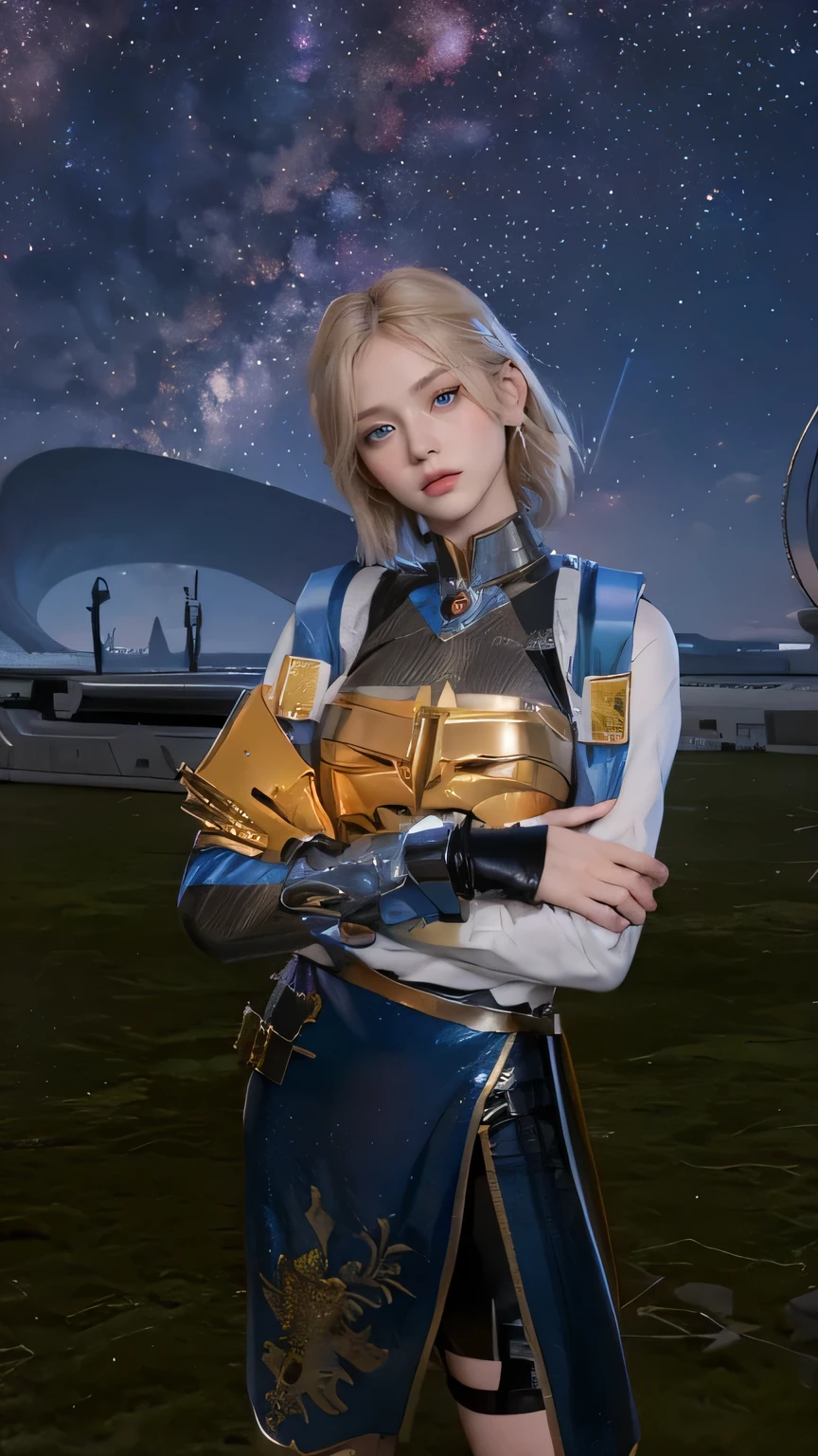 A beautiful woman. 20s. Blonde hair and blue eyes. Short hair. She is looking at the camera with a defiant expression. She wears a silver metallic battle uniform. There is something on his waist that is reminiscent of Kamen Rider's transformation belt. In her background is an image of outer space and a giant space battleship. A masterpiece.