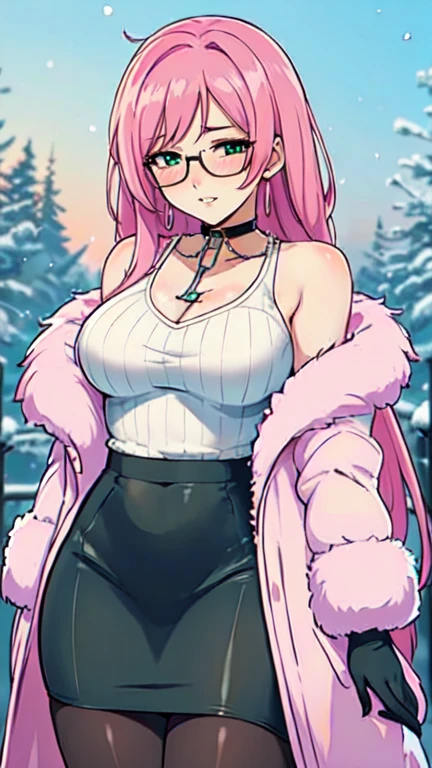 a ultra high quality fully detailed master piece 32k fully body attractive young woman with long brown wavy hair, light skin, pink eyes, a smug smile, huge breasts, pink warm spy attire, long boots, curvaceous hourglass figure, long legs, thick thighs. Bckground is a snowy forest in Germany.