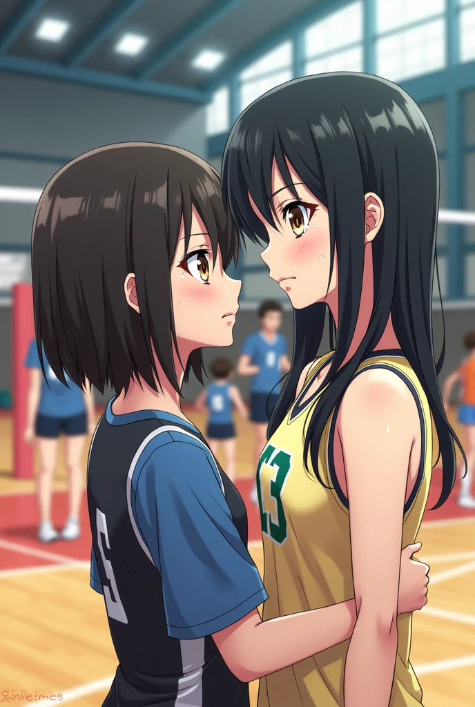 Make a brunette girl with shoulder-length black hair and light brown eyes and she is thin but not too thin and she is Tsukishima Kei's girlfriend and she is from Karasuno and they are in the Karasuno gym haikyu