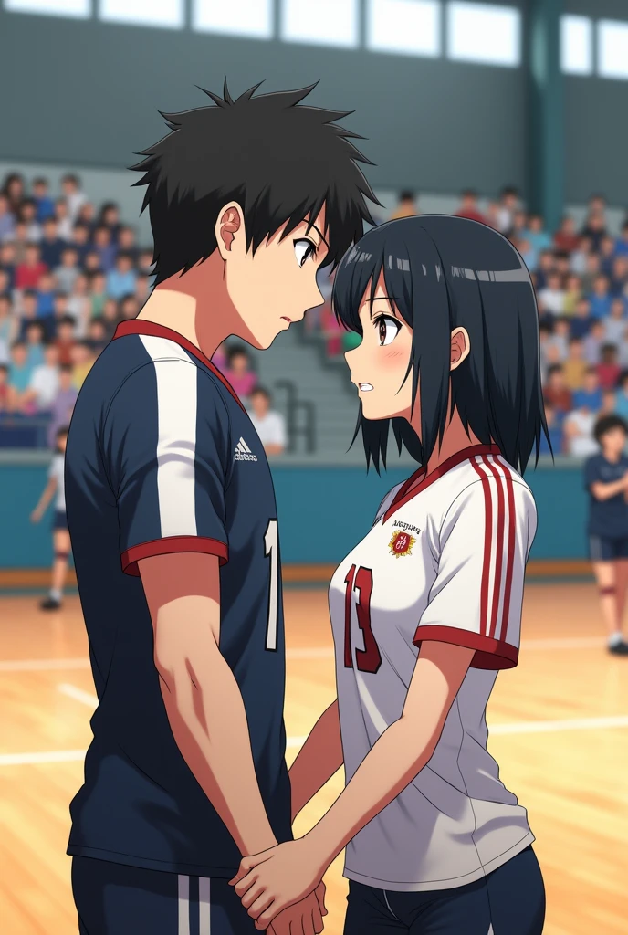 Make a brunette girl with shoulder-length black hair and light brown eyes and she is thin but not too thin and she is Tsukishima Kei's girlfriend and she is from Karasuno and they are in the Karasuno gym haikyu