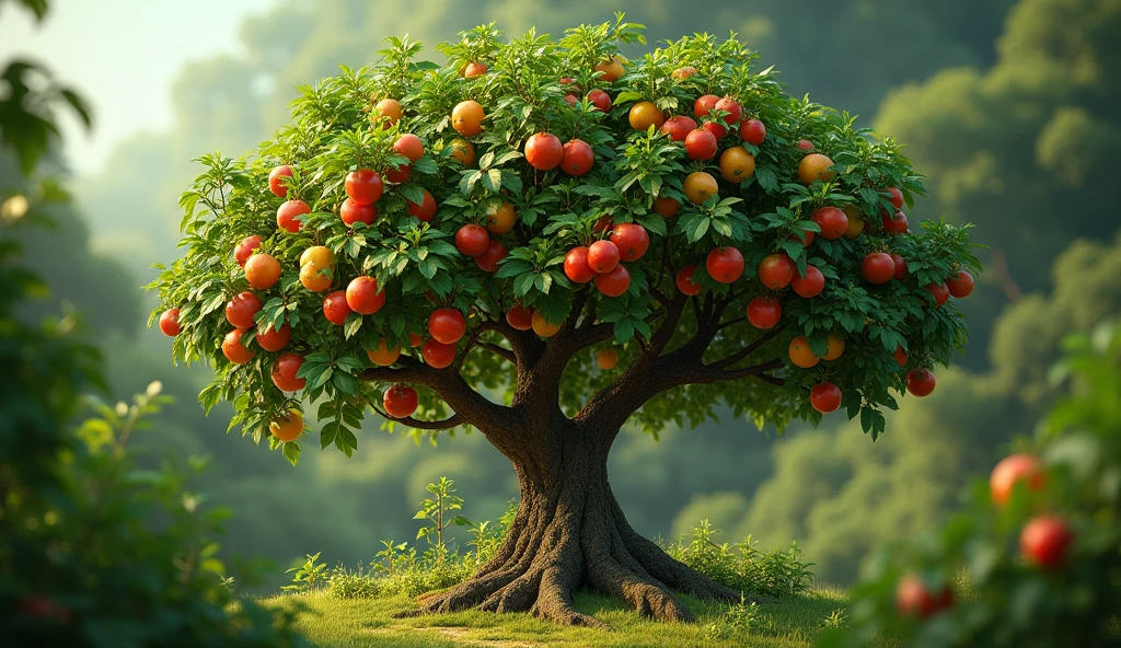 Fruit tree bearing fruit safe for its kind, And God said, the fruit tree yielding fruit after his kind, whose seed is in itself, upon, 32K UHD, Style Raw, detailed.