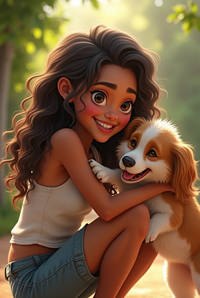 with long dark curly hair, eyes browns, with brown skin, lowrise, Grinning, playing with dog